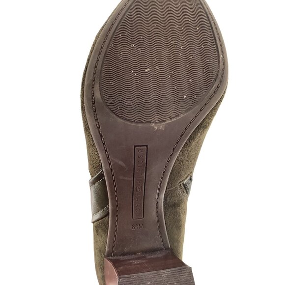 Tommy Hilfiger Womens Heeled Ankle Boots Olive Suede & Leather Gold Button S 8.5 - Picture 8 of 10